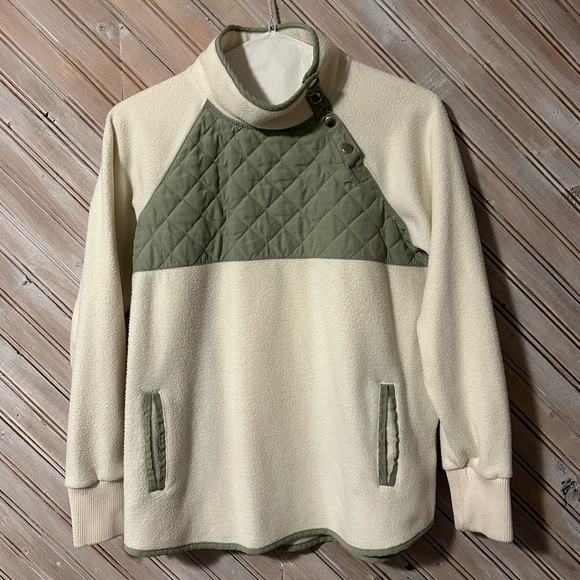Kyodan Outdoor Green & Cream Fleece Quilted Button Up Turtleneck Sweater Warm - Picture 1 of 8